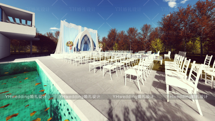 YHwedding婚礼设计 户外婚礼3D效果图 泳池别