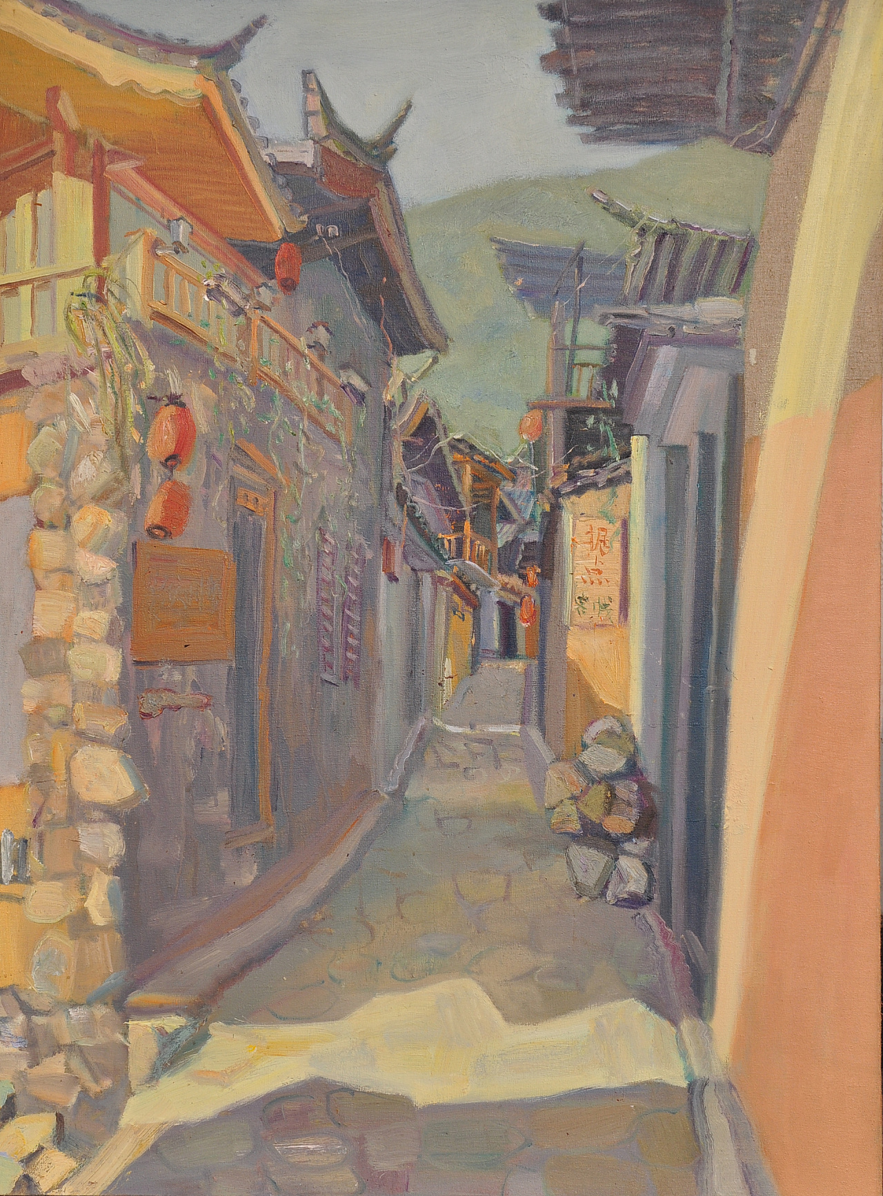 这张是在束河古镇的巷子旁边画得,清晨的阳光洒在房屋的两边,勾勒出一