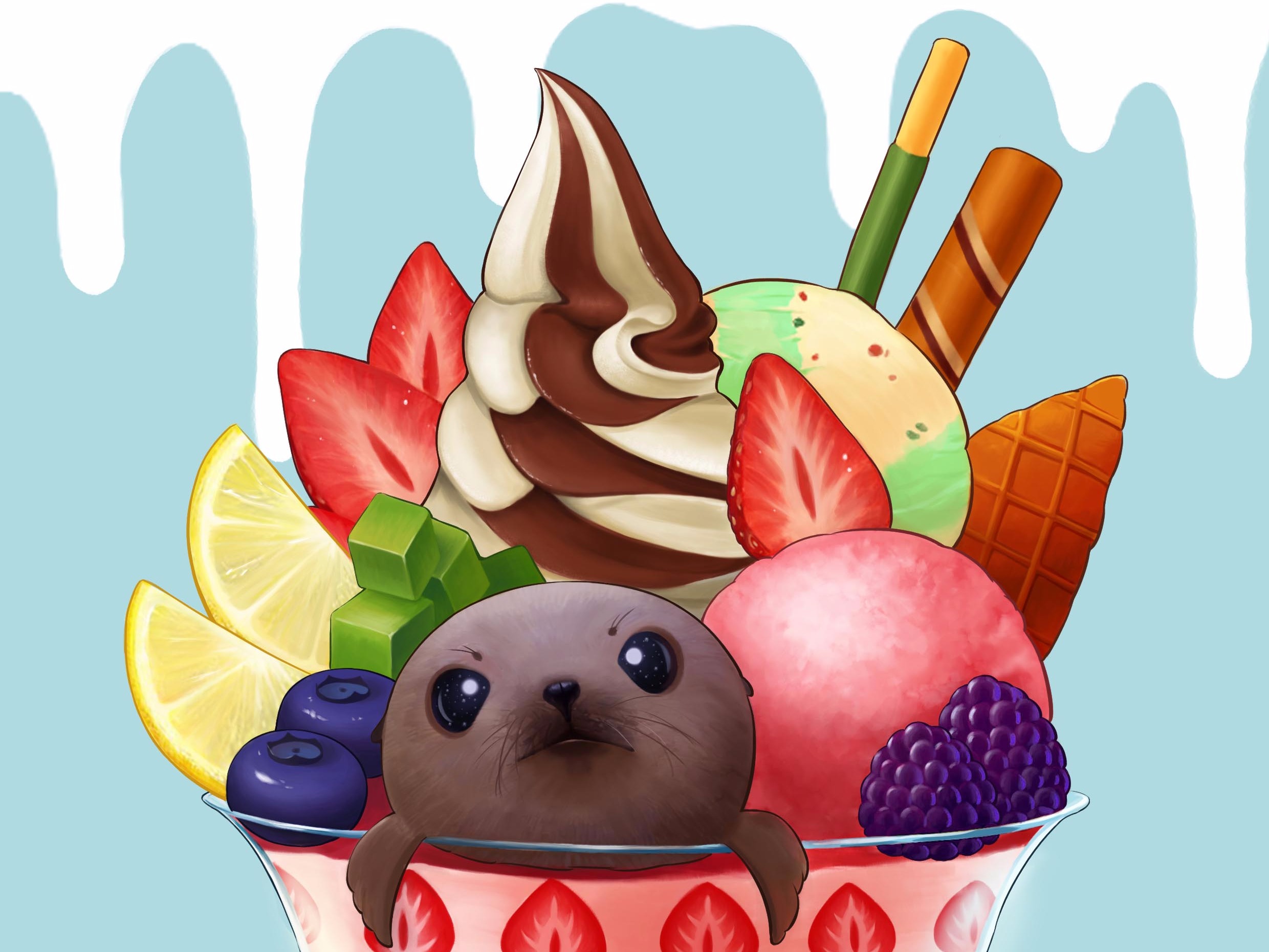 【美食插画】好像有什么东西混进去了?海豹圣代!