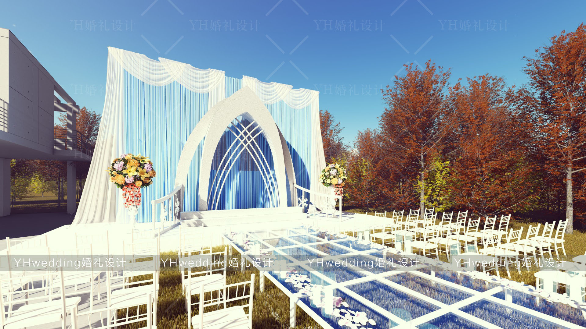 YHwedding婚礼设计 户外婚礼3D效果图 泳池别