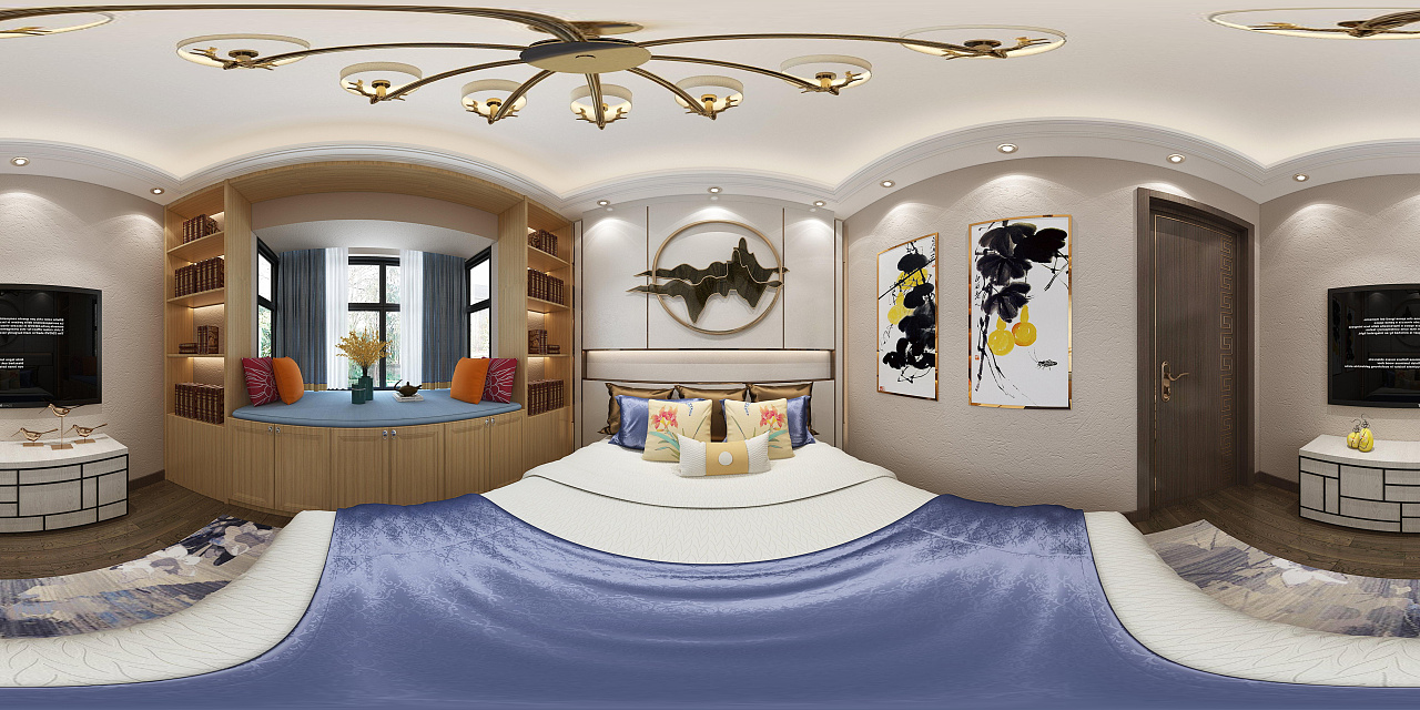 新中式卧室全景图|空间|家装设计|效果图设计莉莉 原创作品 站酷