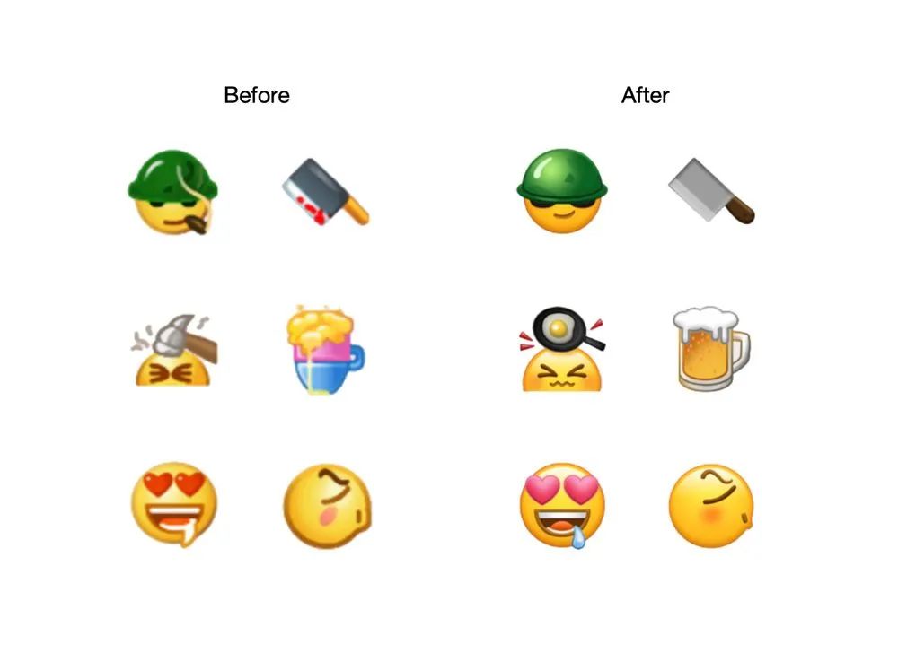 除了新增emoji,前阵子,微信更新了很多旧表情符号,包括从吸烟士兵身上