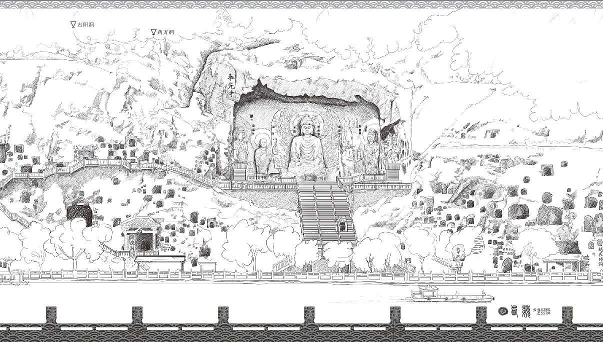 龙门石窟全景手绘图
