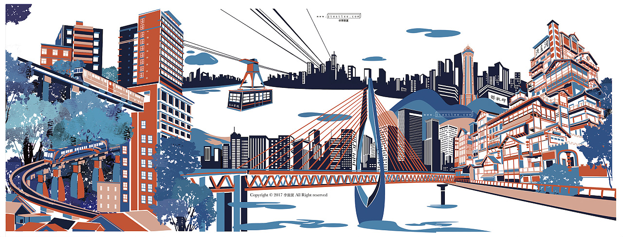 的重庆城市插画 把重庆5个地标穿楼轻轨-长江索道-千厮门大桥-洪崖洞