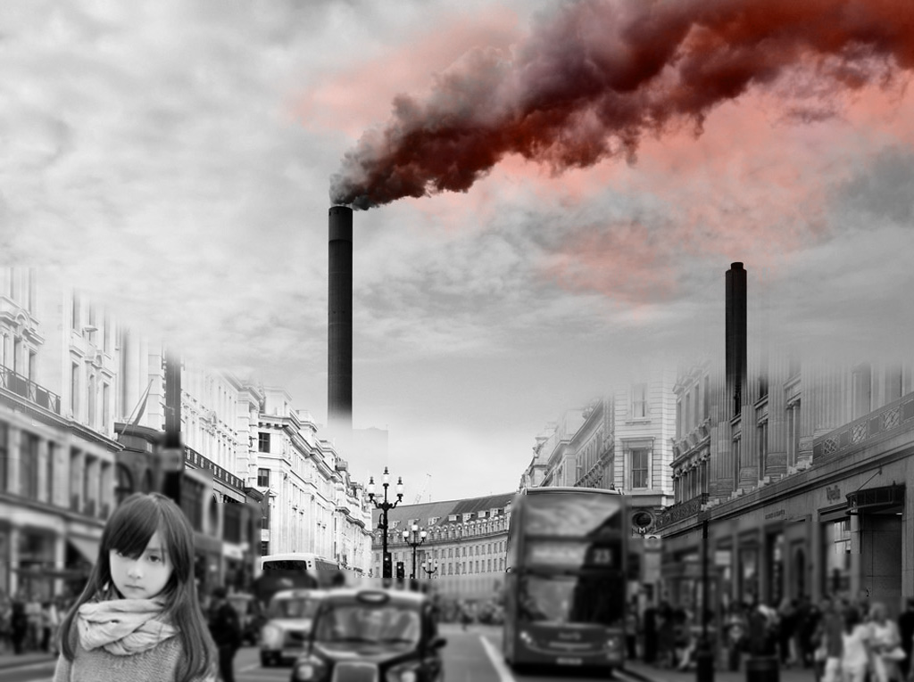 烟囱,女孩的表情等元素,体现城市污染的严重性,呼吁保护环境
