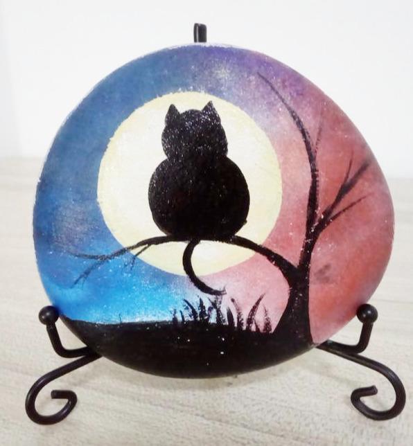 夜空黑猫石头画摆件 不掉色防水