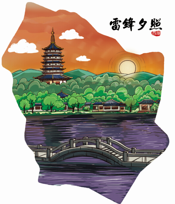 旅游手绘卡通 杭州西湖十景 地图绘画 卡通人物