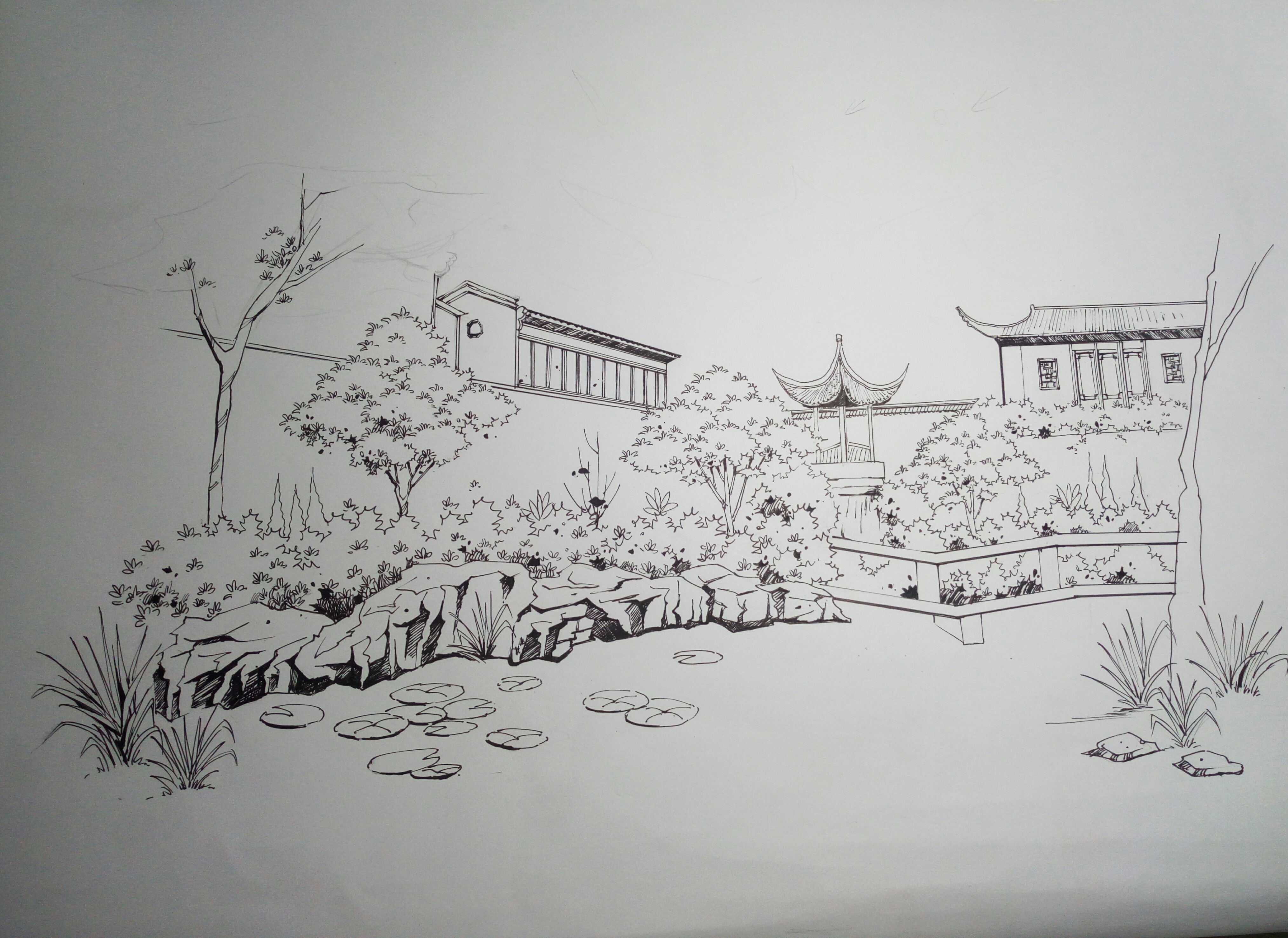古典园林建筑手绘线稿分享展示