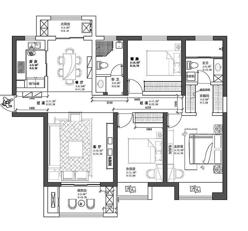 广电天韵三室两厅130平新中式风格装修案例欣赏---平面布局图