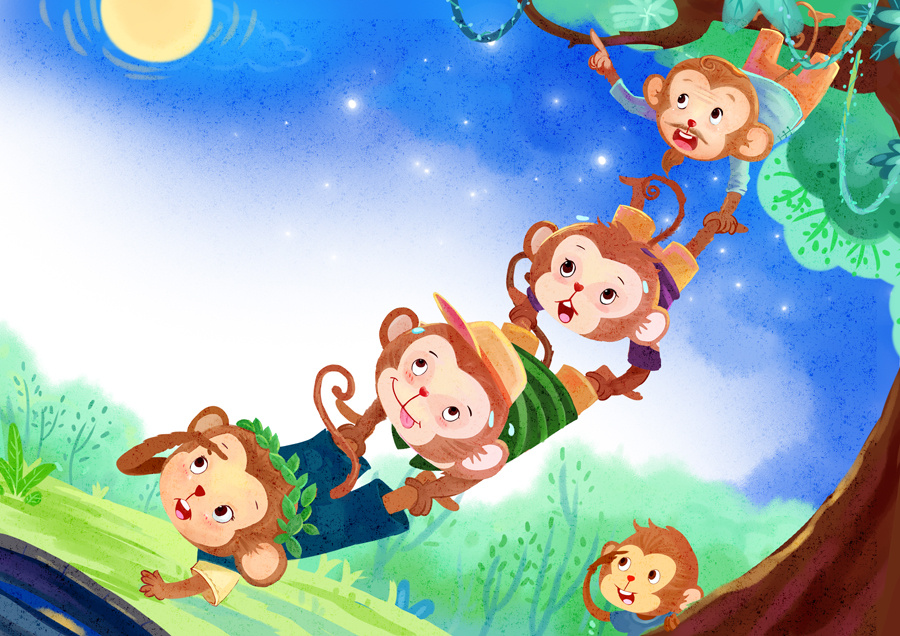 猴子捞月|插画|儿童插画|积极向上的名字 - 原创作品