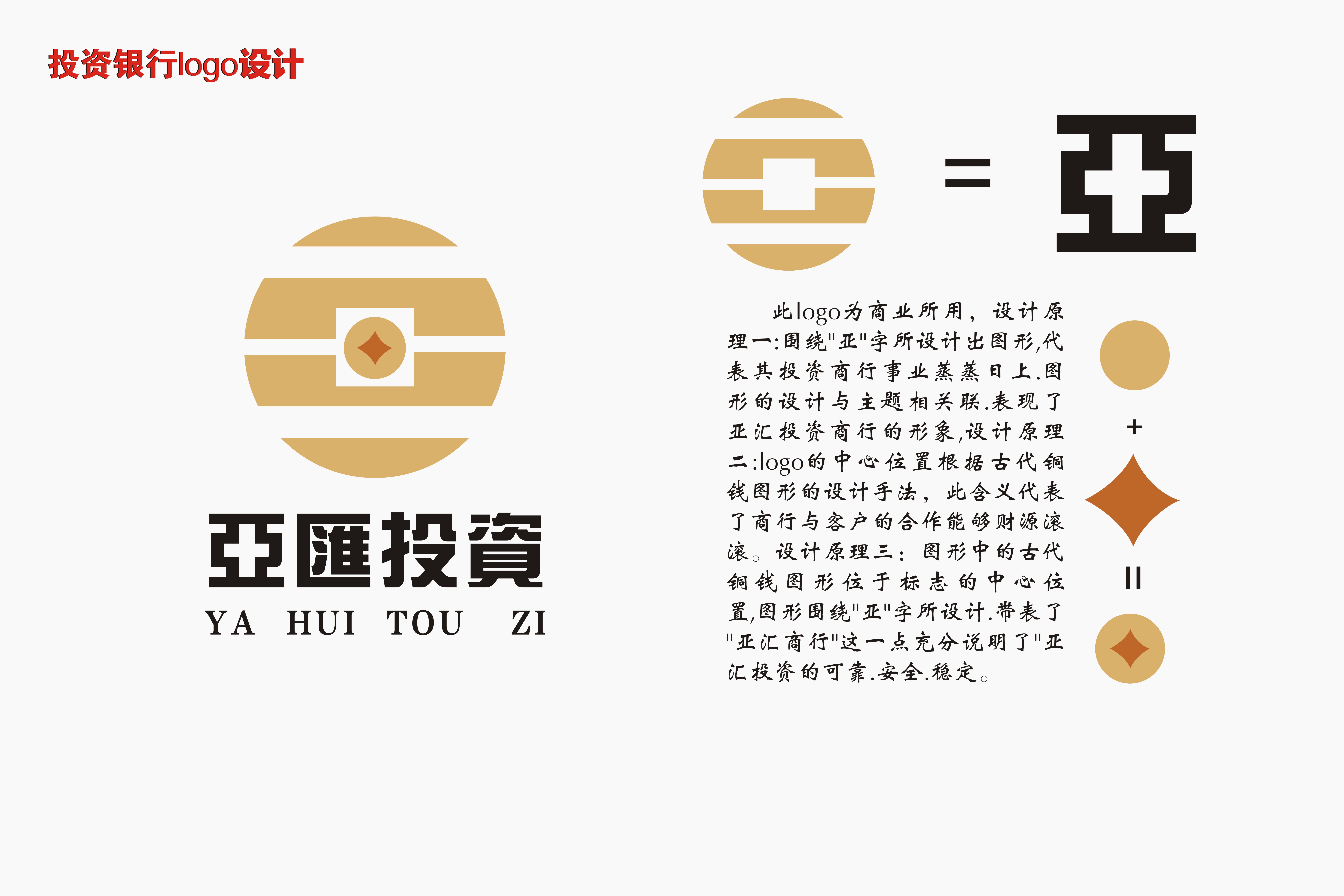 表现了亚汇投资商行的形象,设计原理二:logo的中心位置根据古代铜钱
