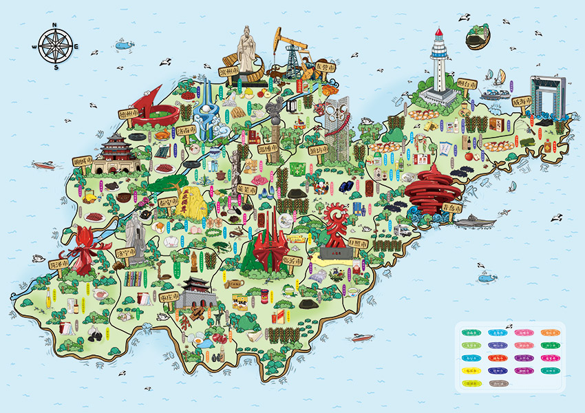 山东省特色旅游商品手绘地图|商业插画|插画|头