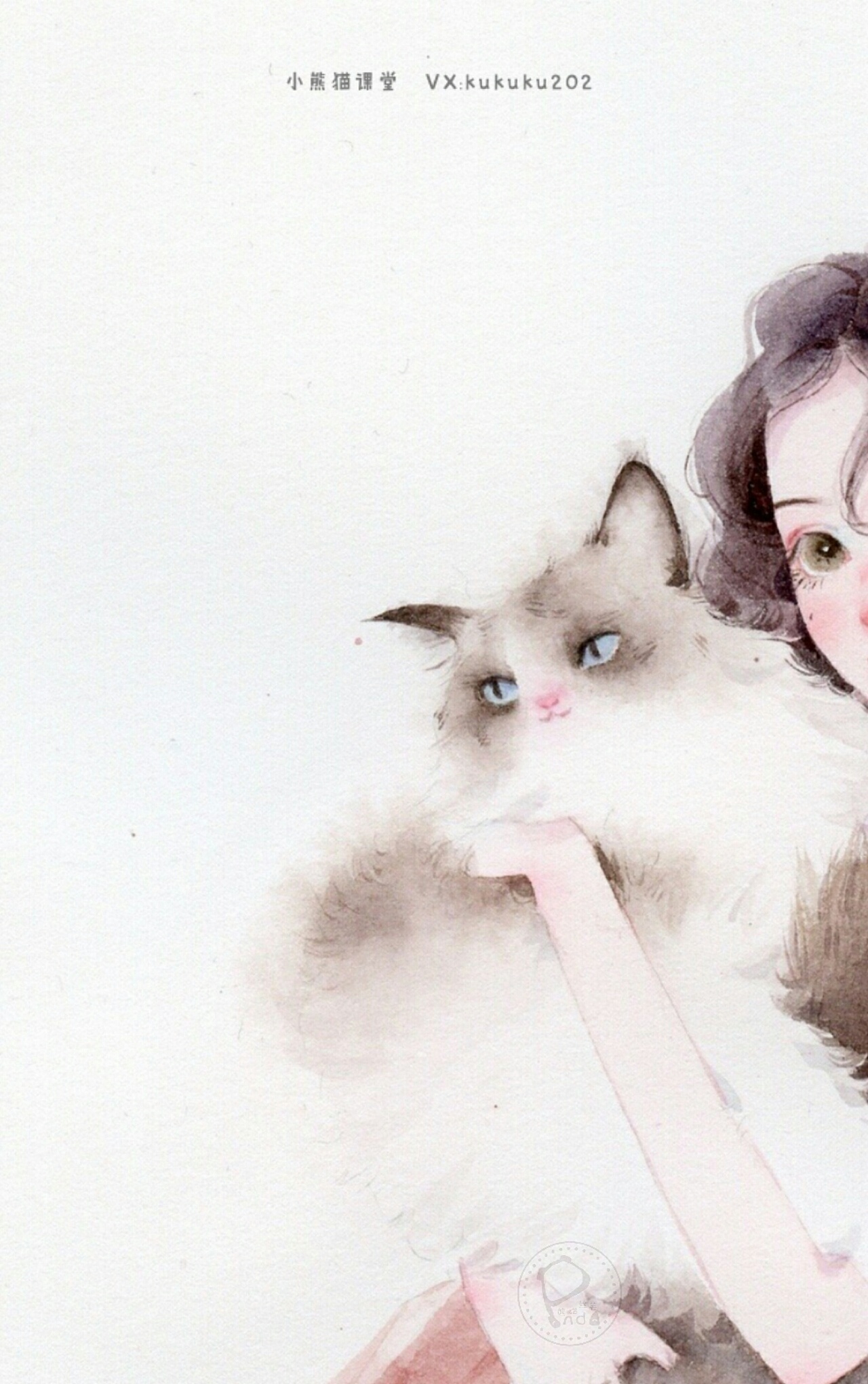 水彩手绘人物插画水彩教程卡通插画头像唯美抱猫少女壁