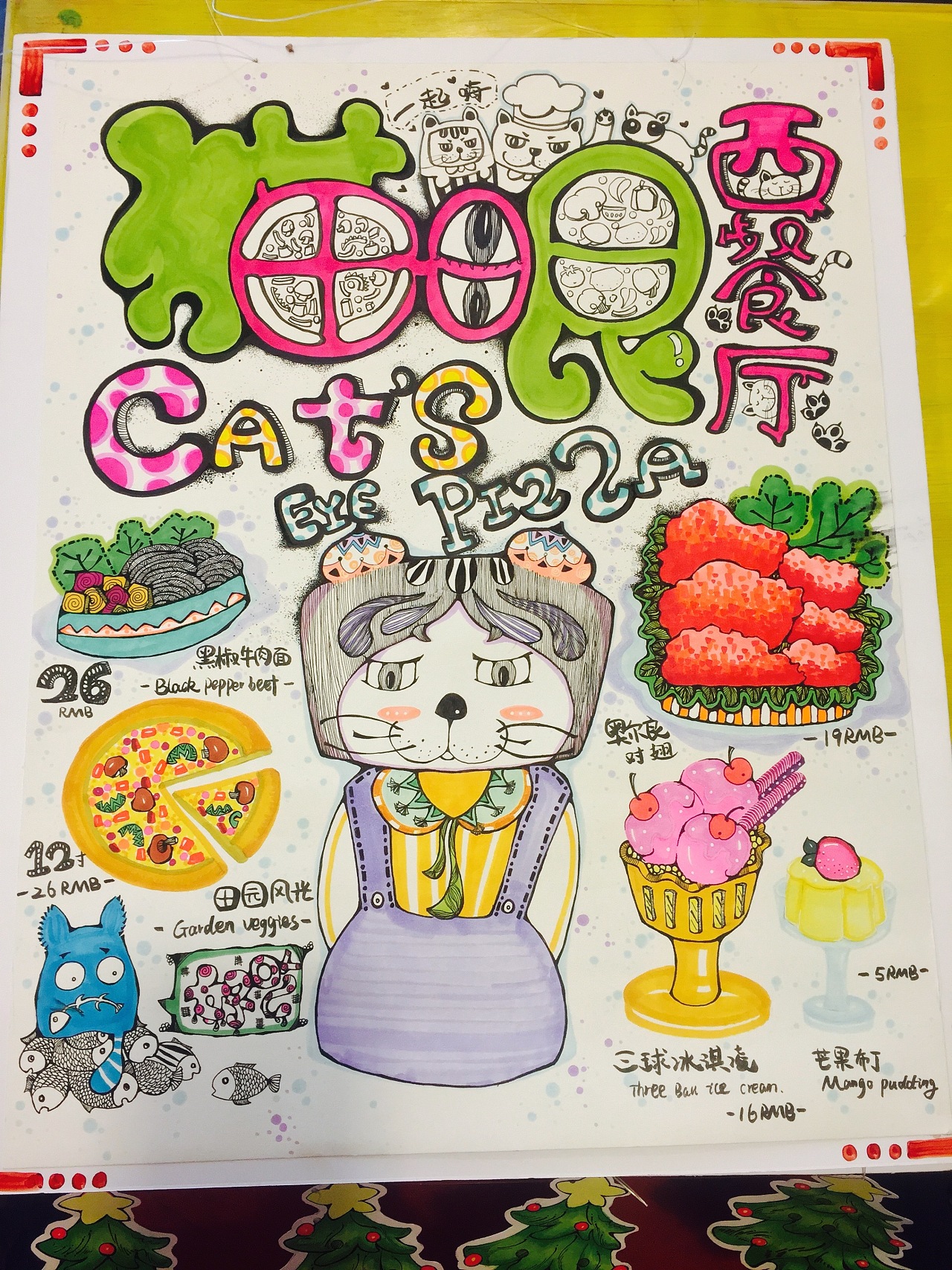 针对西餐厅猫物语形象做的pop手绘海报.