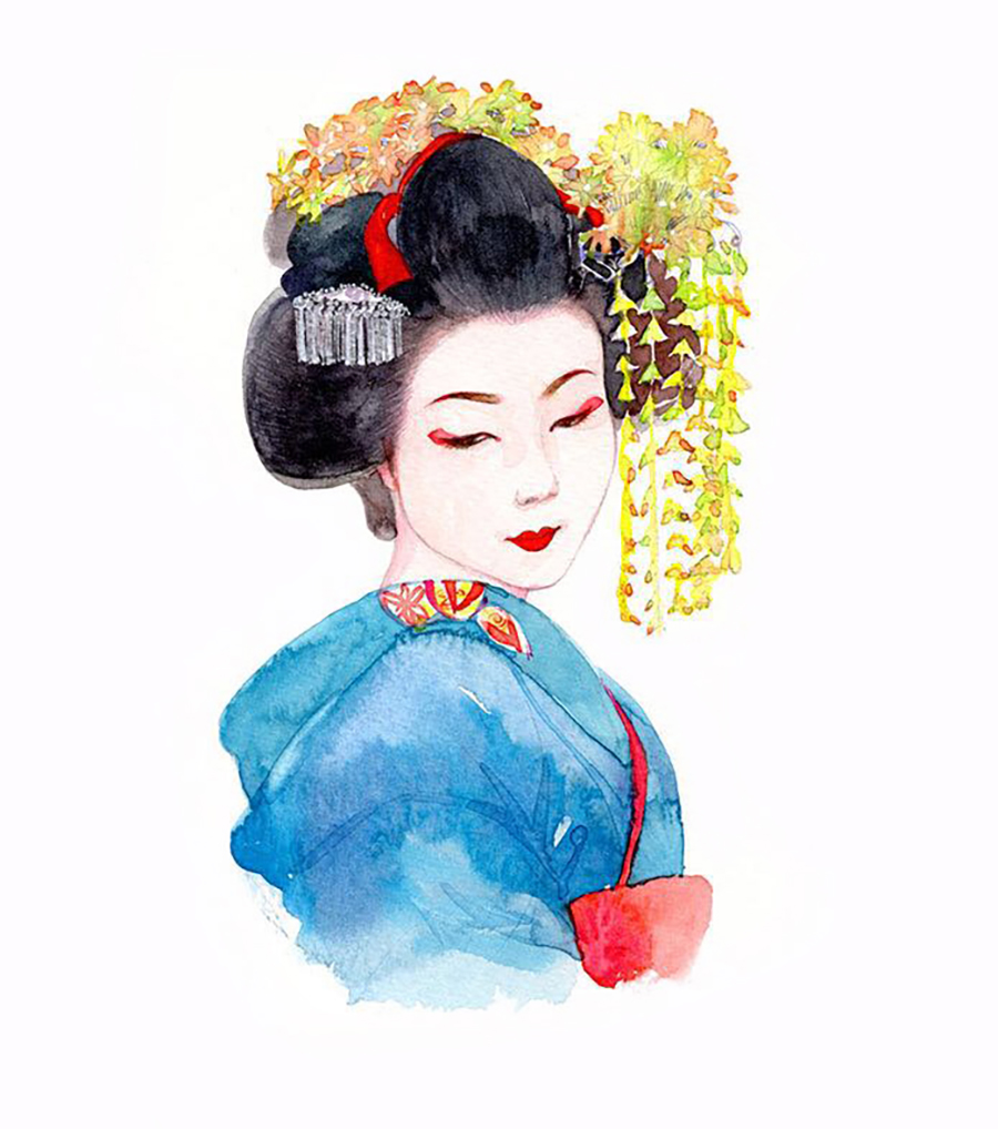 水粉美人(三):日本艺妓|绘画习作|插画|carmenw