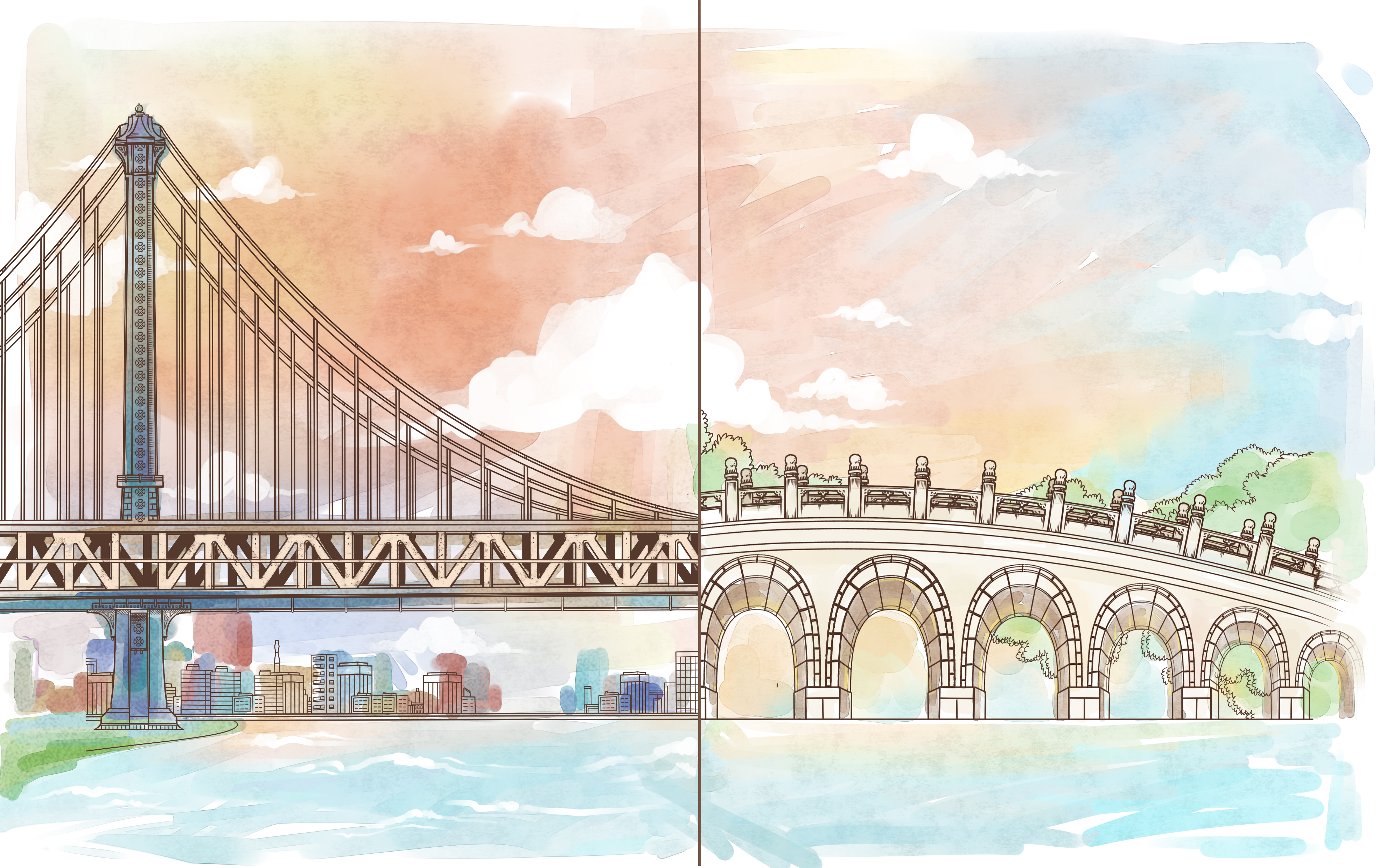 布鲁克林大桥和十七孔桥|插画|插画习作|sarloyx