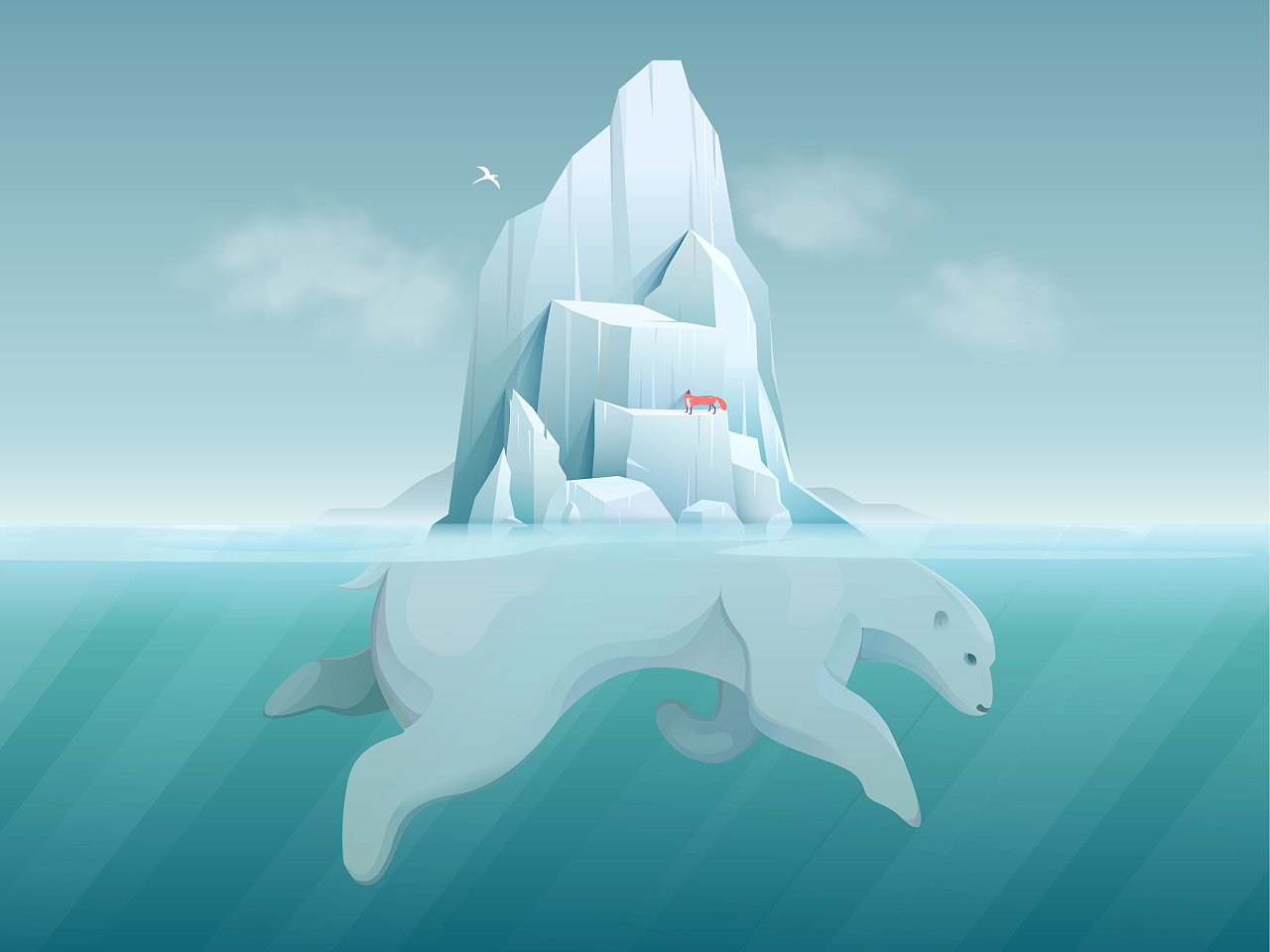 练习| 冰川下的北极熊|插画|商业插画|erinchiang1217