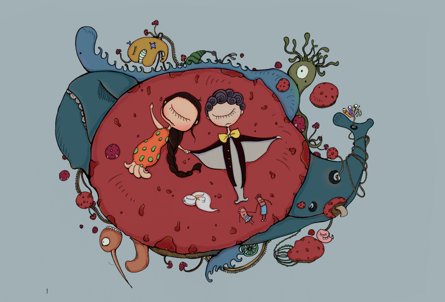 怪诞家族之章鱼妹与卷毛哥|绘画习作|插画|萌萌