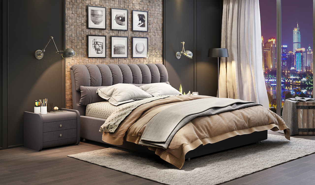 高级灰工业风卧室设计 布艺床3D效果设计 家具3D效果|工业\/产品|家具|jasonli88 - 原创作品 - 站酷 (ZCOOL)