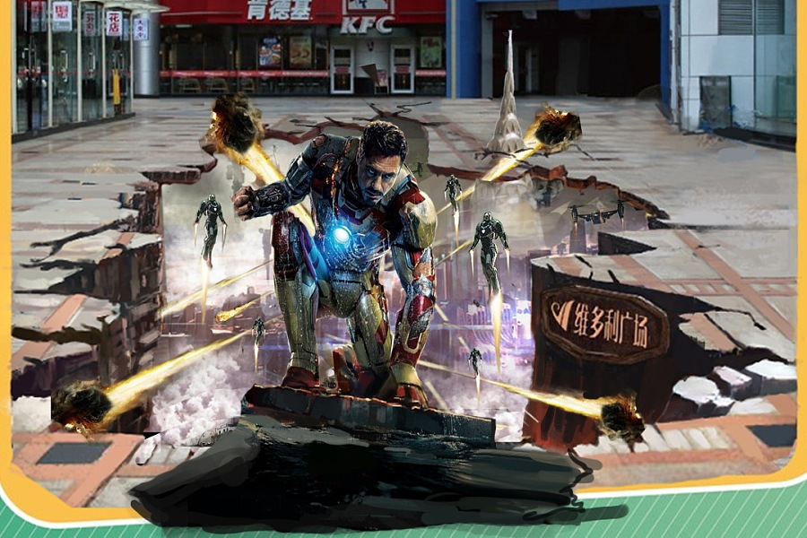 3D地画《钢铁侠3》作品--广州维多利广场播安