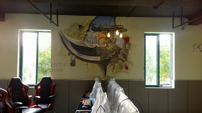上海网大网吧网咖手绘3D立体墙绘壁画 3D地贴