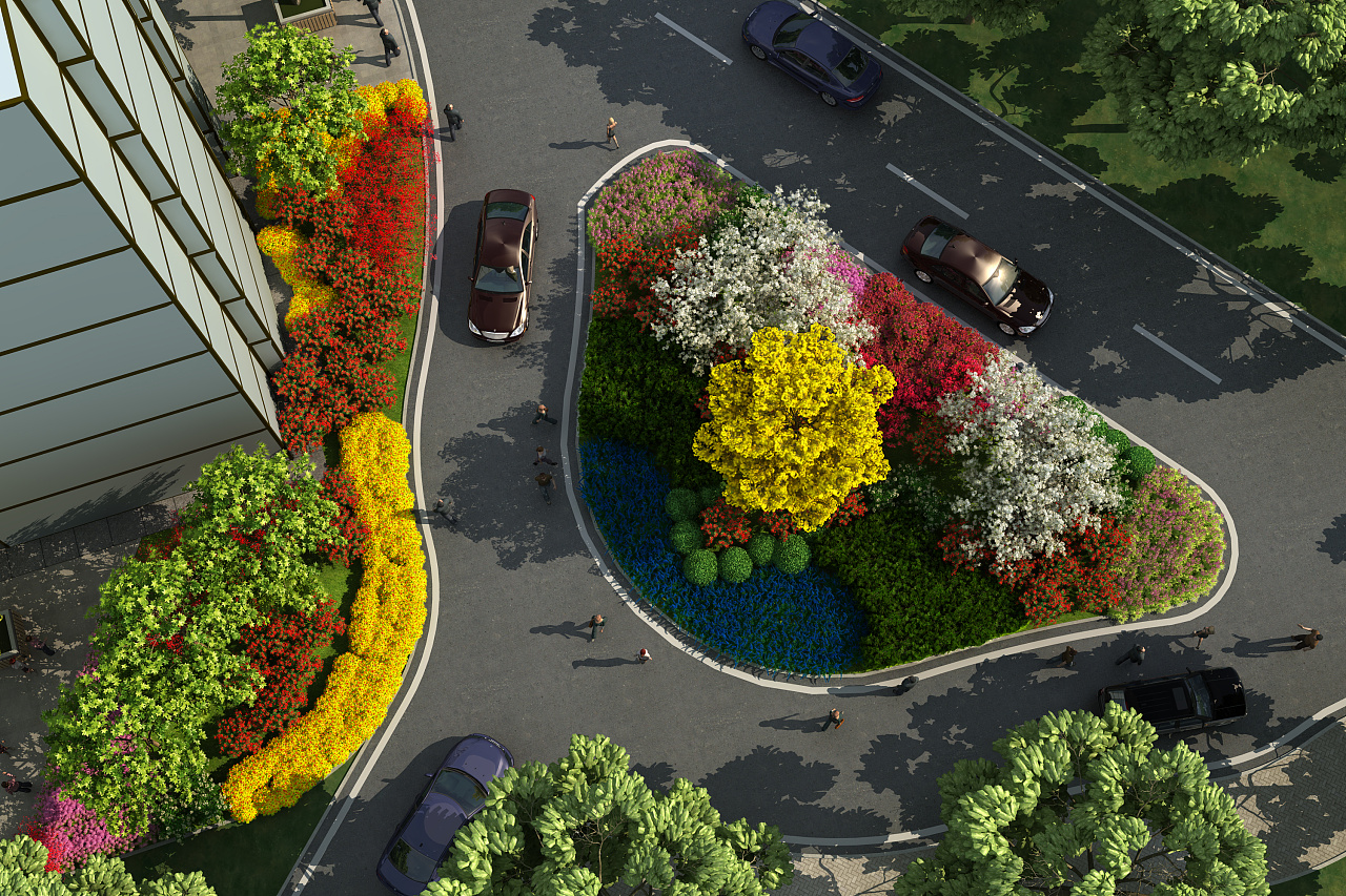 小区出入三岔口景观绿化种植设计方案效果图