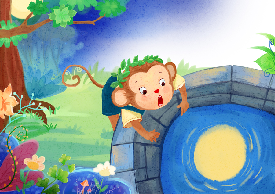 猴子捞月|儿童插画|插画|积极向上的名字 - 原创