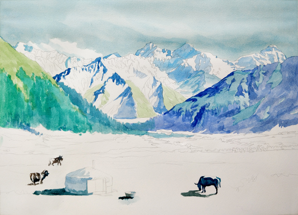 《雪山下的牛羊》|纯艺术|彩铅|骏眀彩铅画 - 原创