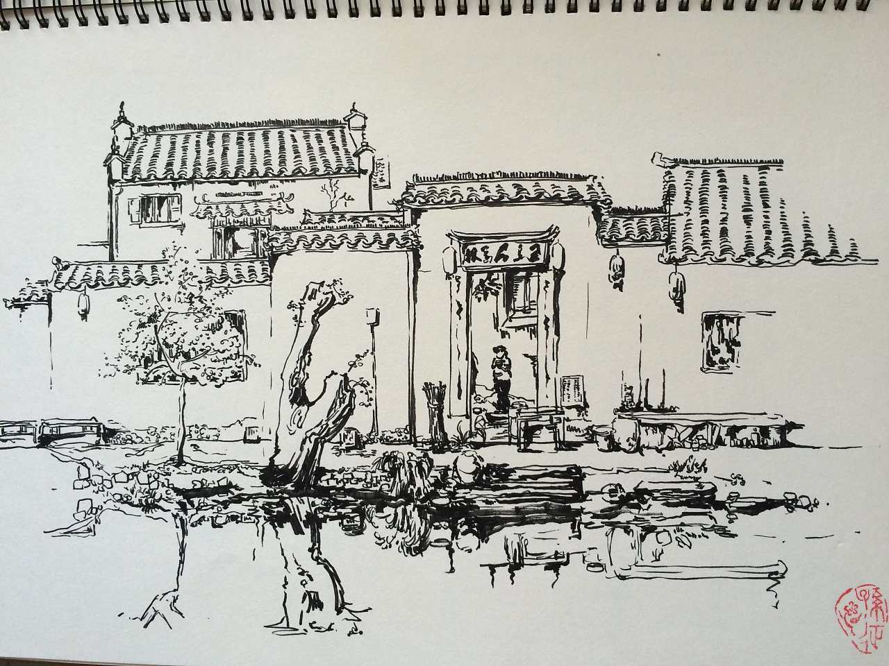 用的笔是秀丽笔 在安徽宏村水边作画,用黑白两色体现悠久建筑的古老