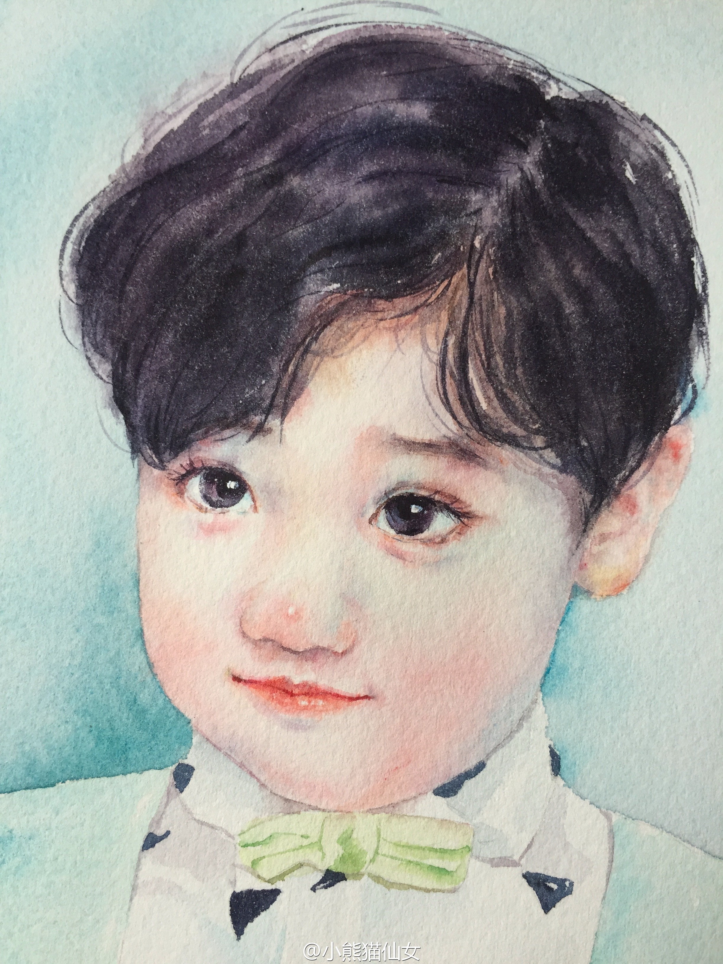 【小熊猫】水彩手绘人物水彩教程小孩头像水彩步骤