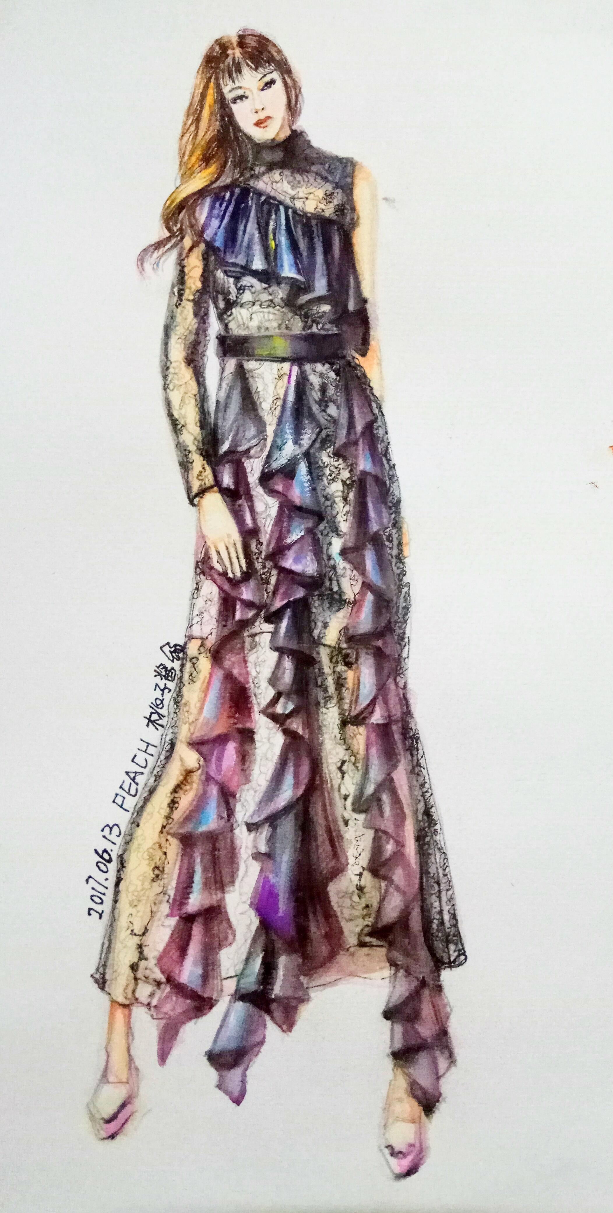 手绘水彩蕾丝质感服装效果图