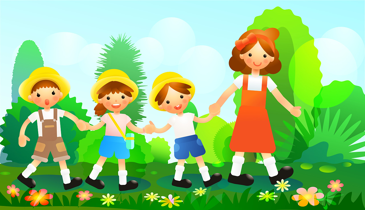 绿色清新快乐散步老师儿童假期矢量插图