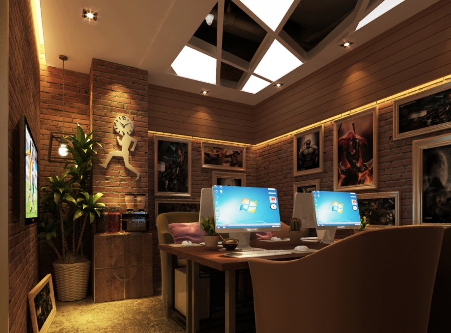 雅安网咖装修设计公司-工业风绿色动漫网吧设