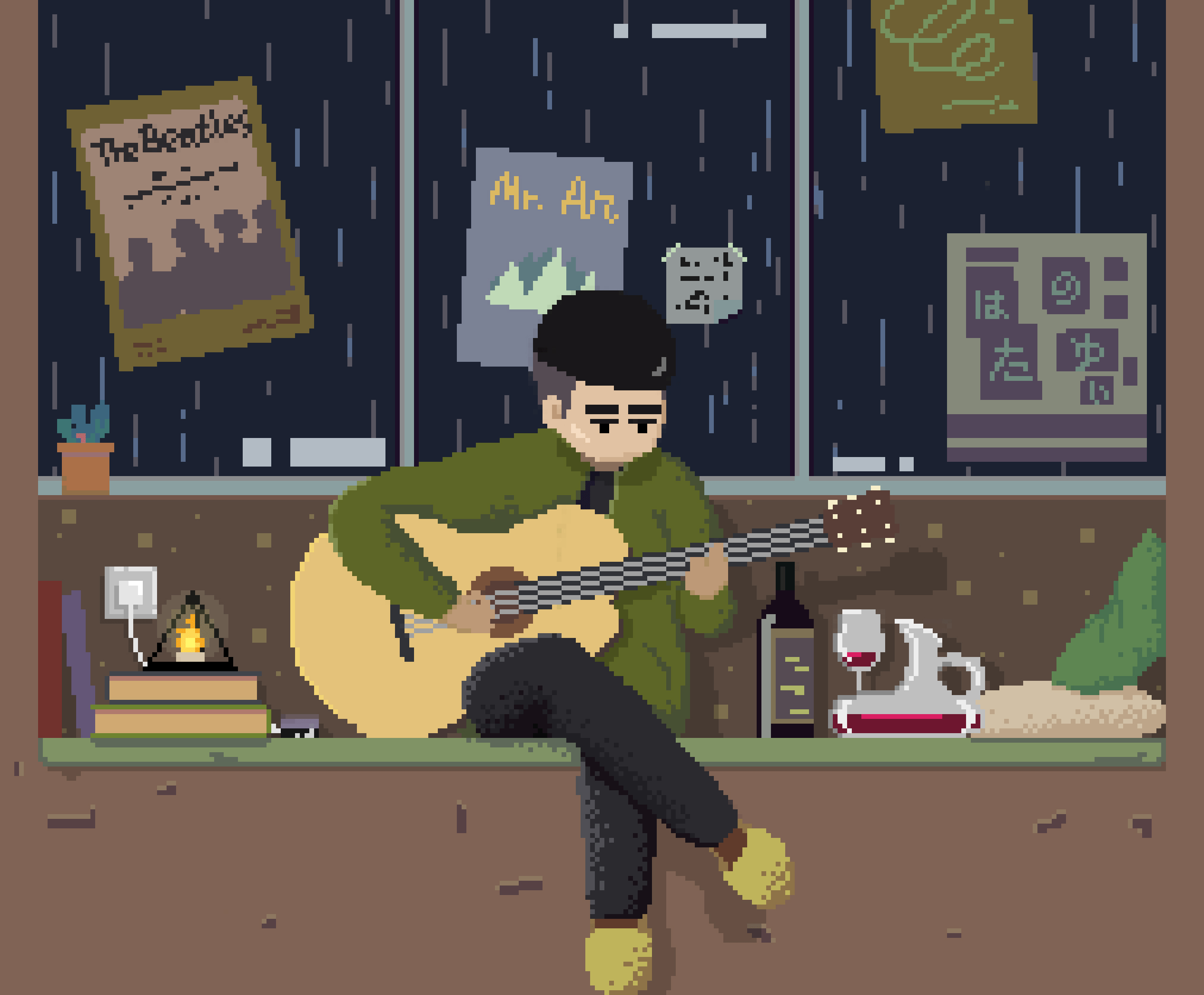 吉他,红酒,书和你|插画|像素画|早餐小分队队长 - 原创作品 - 站酷