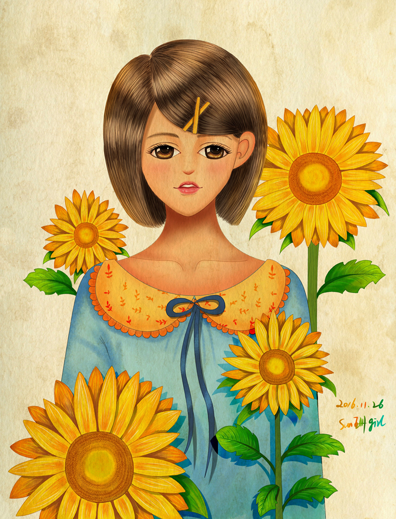 花儿与少女之向日葵(内含过程)|插画|插画习作|sun珊
