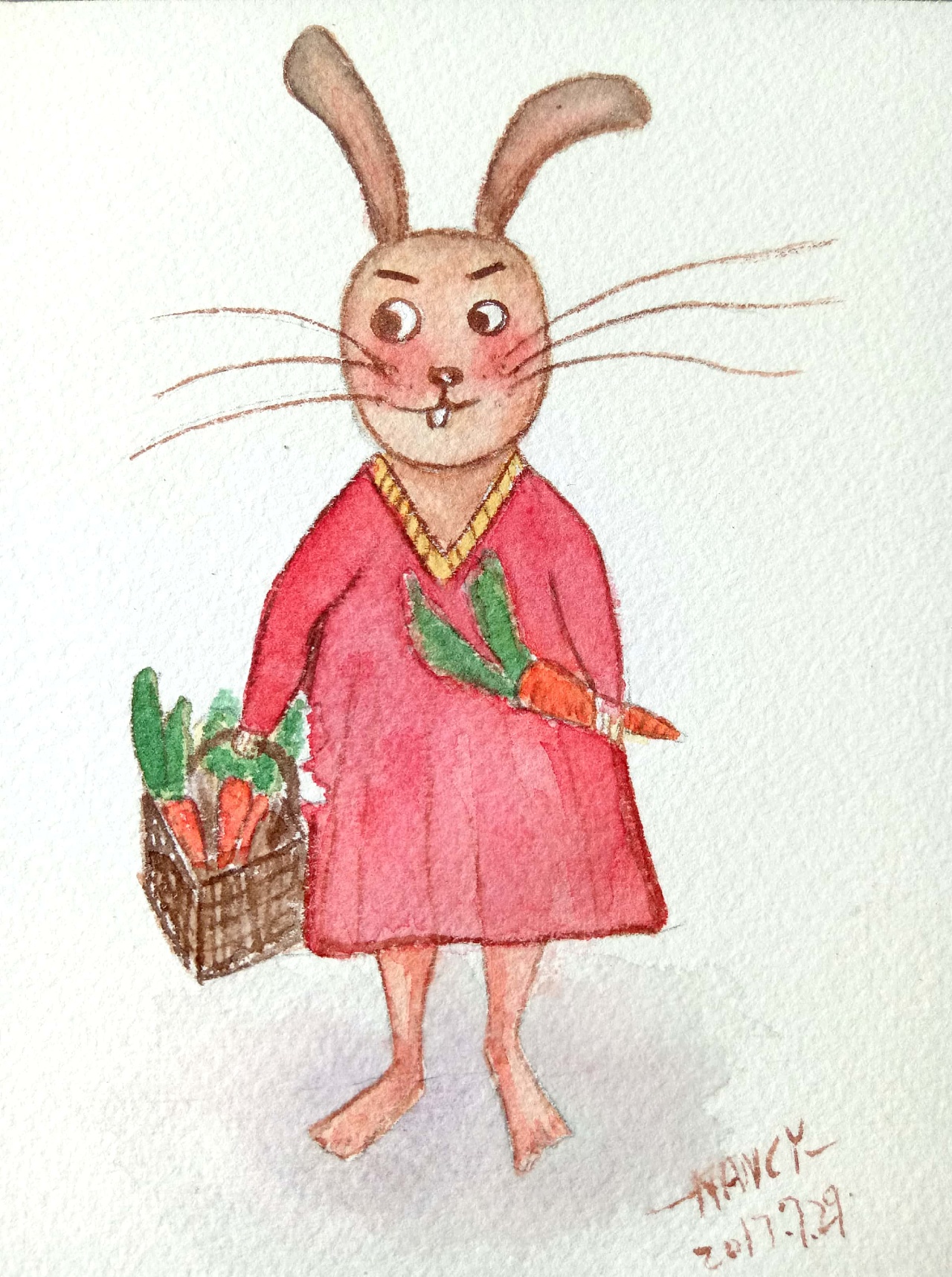 手绘水彩原创,有点贱萌的兔妈妈