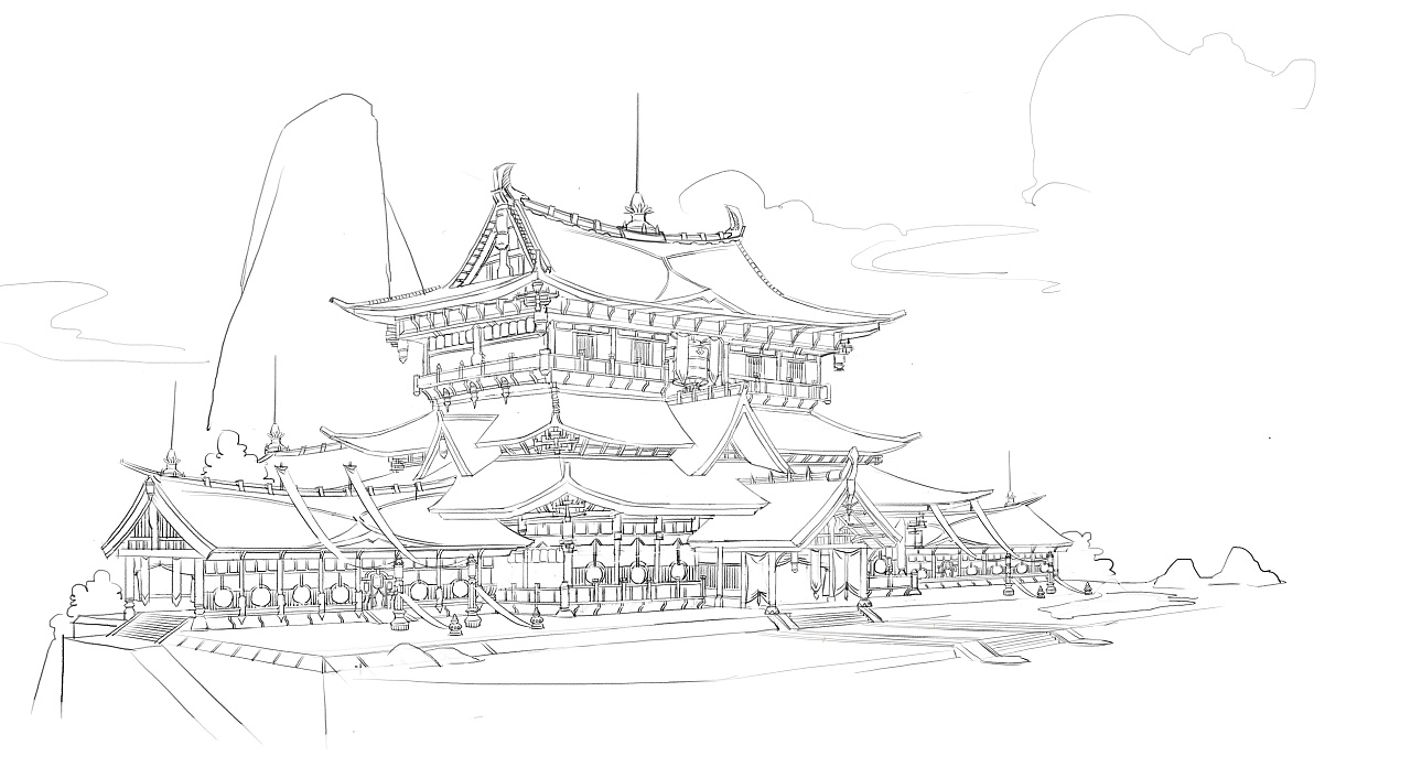 一直很喜欢中式古典建筑,原创了一张自己的