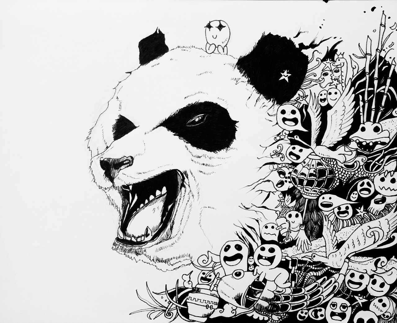 钢笔插画 手绘画 涂鸦插画 熊猫-北极熊钢笔插