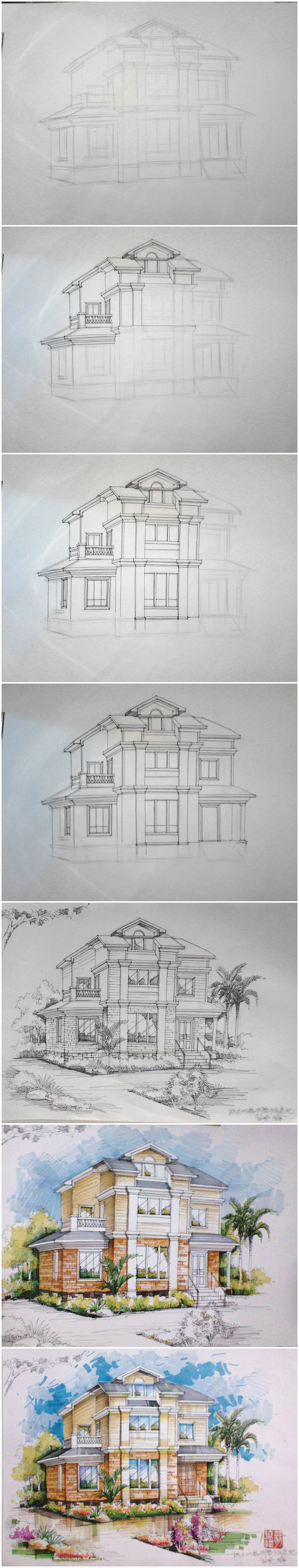 欧式别墅外观手绘效果图步骤图|空间|建筑设计|翁小峰
