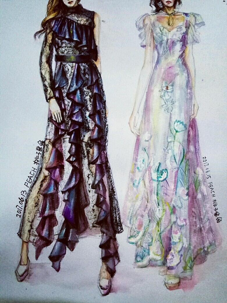 手绘轻纱质感服装效果图