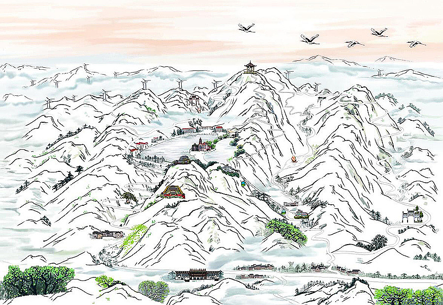 绝美的国画风格地图,九宫山手绘地图,大地手绘地图