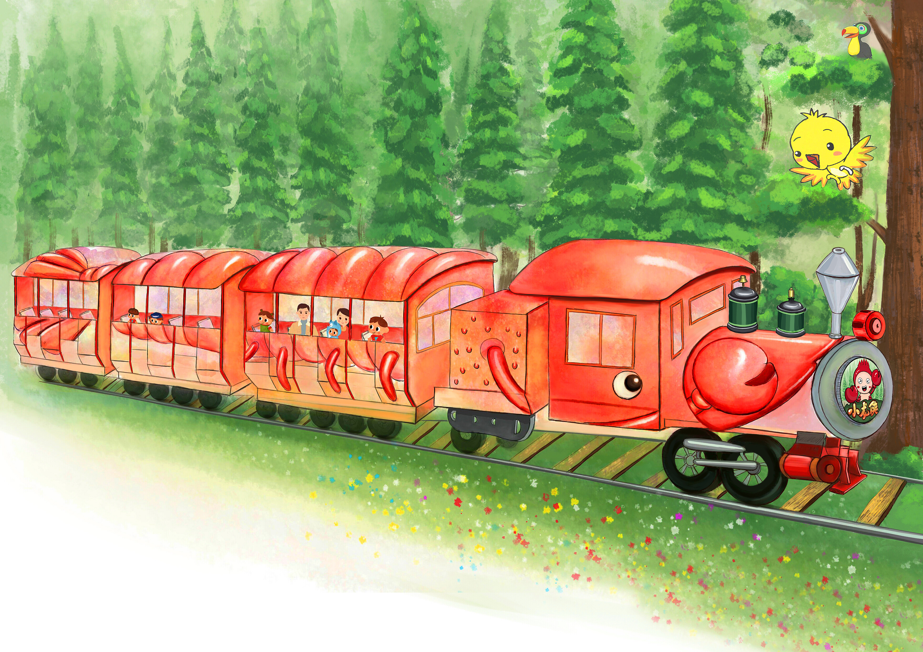 火车车身插画图案设计 龙虾小火车概念设定 车头logo设计
