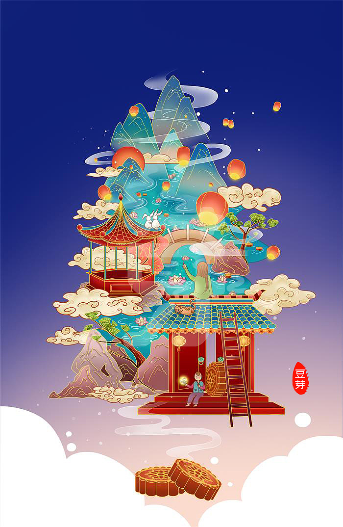 中国传统节日八月十五中秋节微观插画