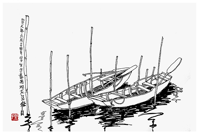 番禺郊外的江边小渔船,随江水摇曳,三五条插入江水的竹竿,和谐有趣图片