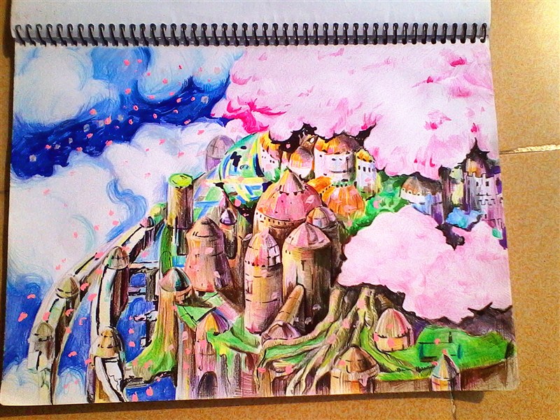看着天空之城用彩铅,马克笔画的