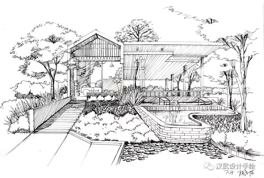 2花园咖啡店景观建筑手绘图