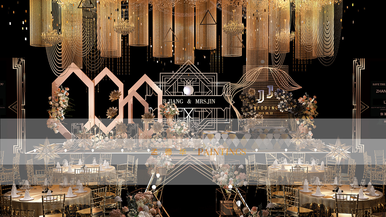 盖茨比风格婚礼3d效果图 黑金婚礼