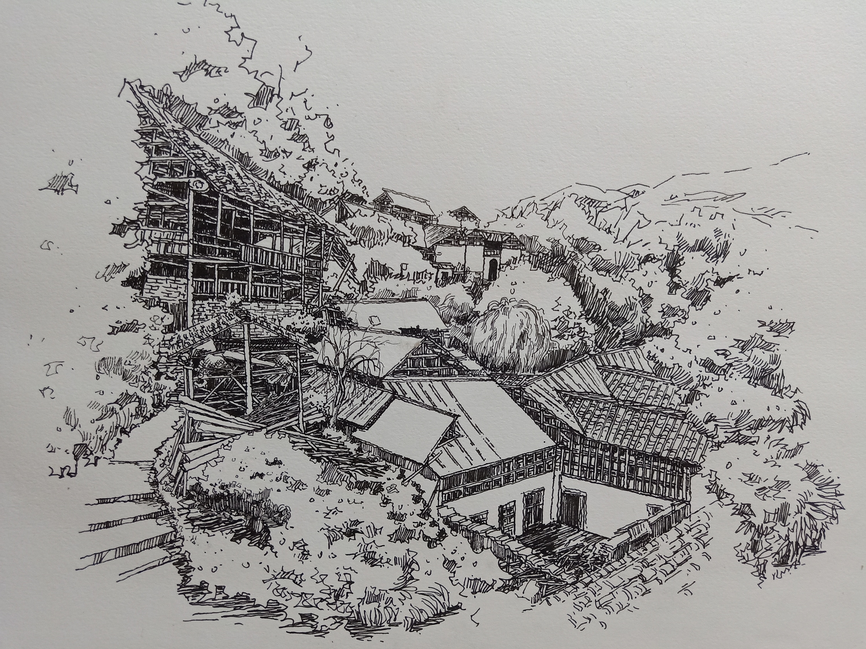 范炯钢笔画手绘村落绘画步骤
