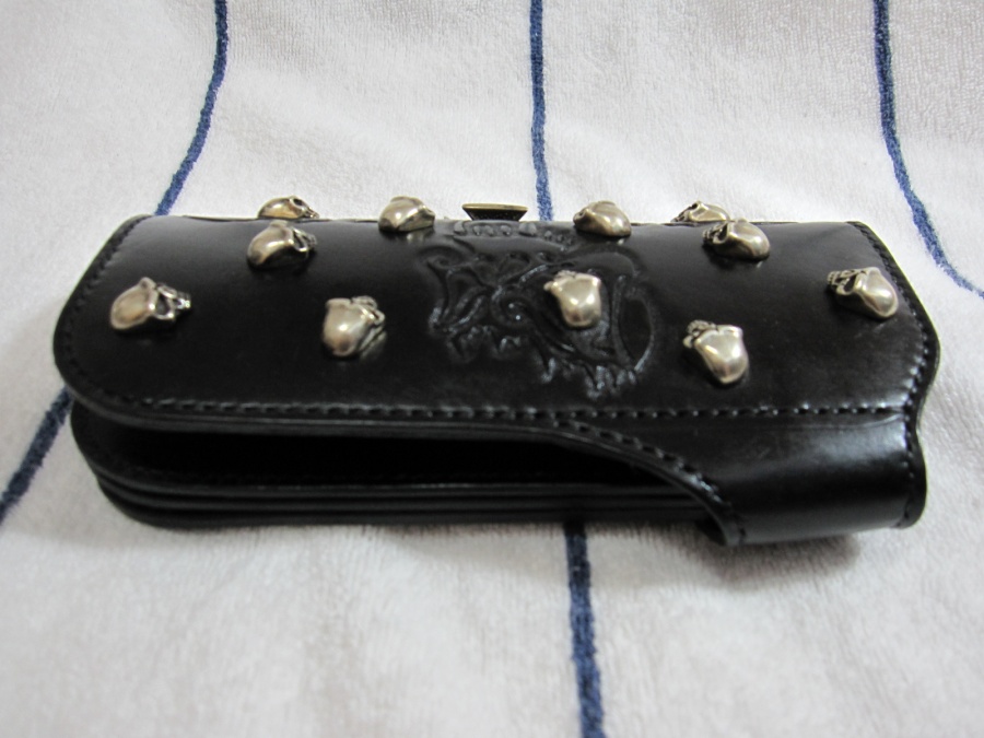 骷髅底纹满镶骷髅钉男款长钱夹及证件皮套|皮