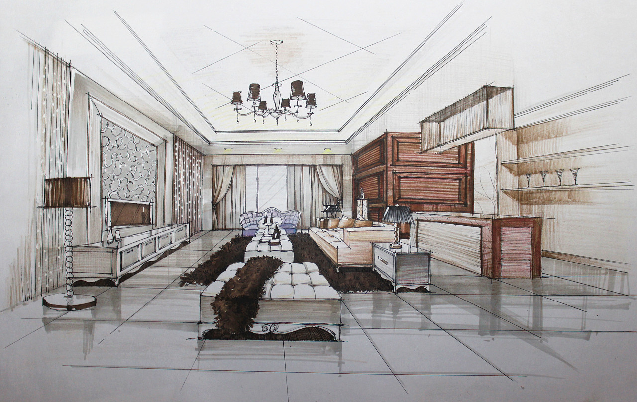 欧式客厅手绘表现草图|空间|室内设计|翁小峰 - 原创